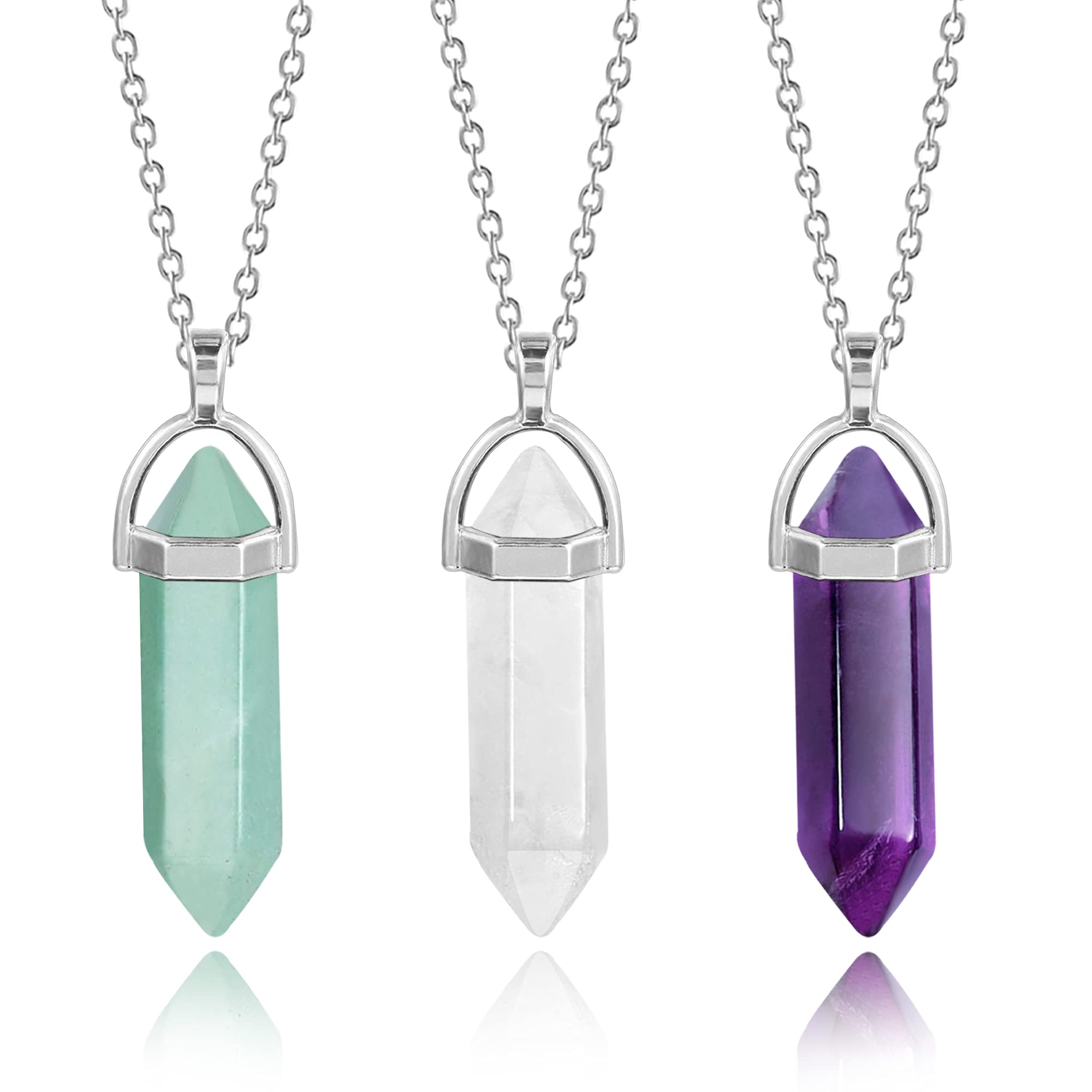 KISSPAT 3PCS Hexagonal Crystal Pendant Necklace Gemstone Bullet Quartz Stone Pointed Pendants Chakra Healing Crystal Jewelry for Women (Clear Quartz+Amethyst+Green Aventurine)