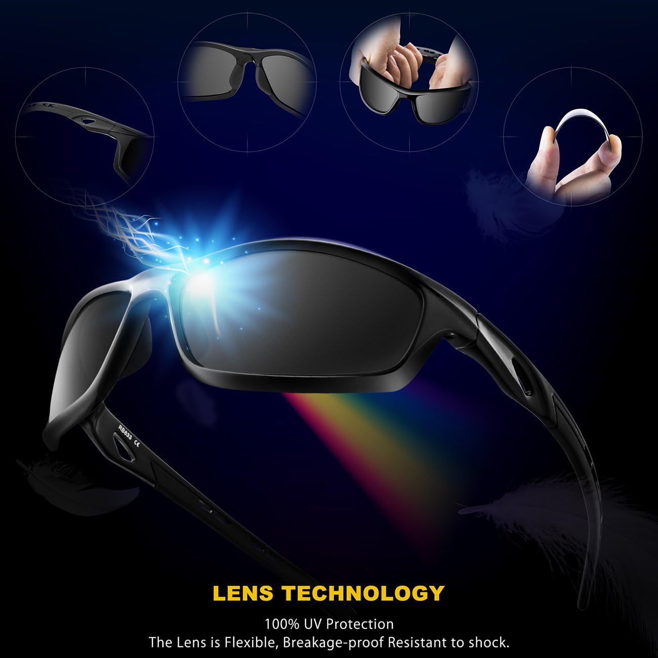 RIVBOS Polarized Sports Sunglasses Driving Sun Glasses shades for Men Women Tr 90 Unbreakable Frame for Cycling Baseball Running Rb833 833-black&black : Clothing