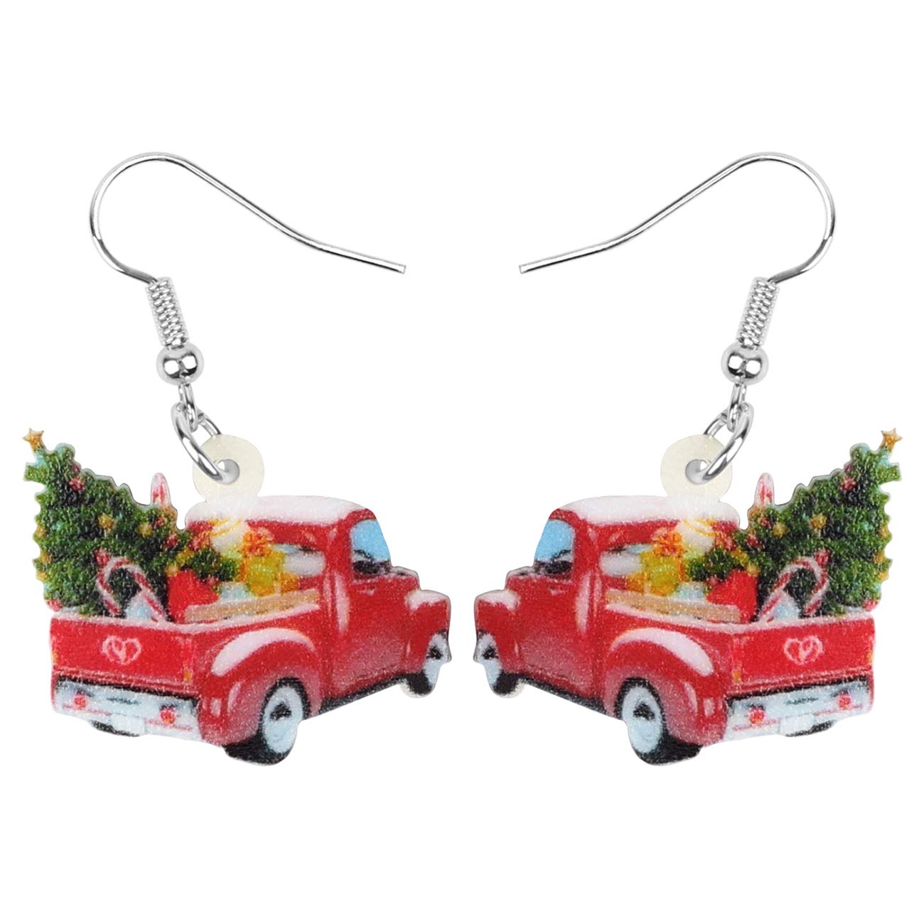 DUOWEI Acrylic Christmas Truck Tree Garland Earrings Drop Dangle Jewelry For Women Kids Teens Festival Gifts (Red)