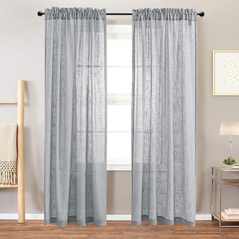 Amazon Com Vangao Linen Textrued Sheer Curtains For Living Room 84 Inches Length Semi Sheer For Bedroom Light Filtering Voile Rod Pocket Drapes 1 Pair Gray Home Kitchen