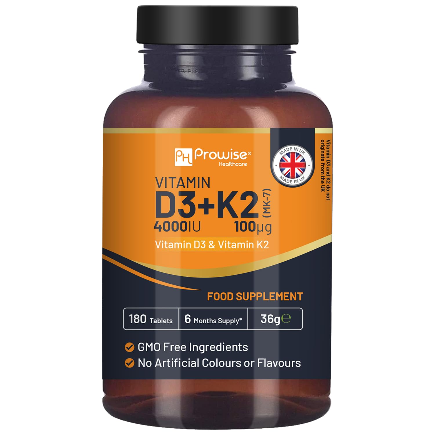 Vitamin D3 4000IU & K2 MK7 100µg Vegetarian Tablets I 180 (6 Months Supply) I Easy to Swallow Supplement for Immune Support, Calcium Boost, Bone & Muscle I Made in The UK by Prowise Healthcare