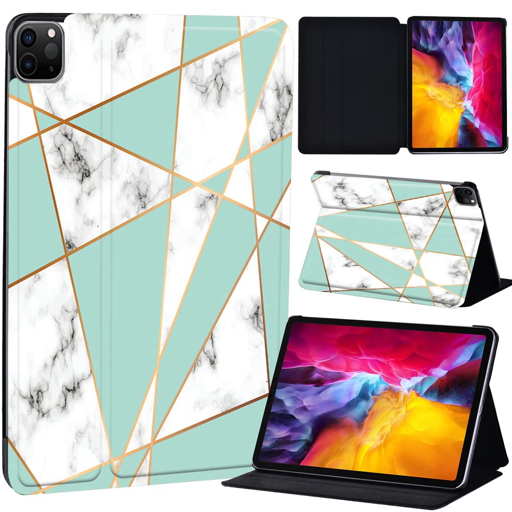 PU Leather + hard shell Ultra slim lightweight Folio Flip Tablet Stand Smart Cover Case Fit iPad Air 4 10.9" (2020) / iPad Pro 11" (2018 2020 2021) (green geometric marble)