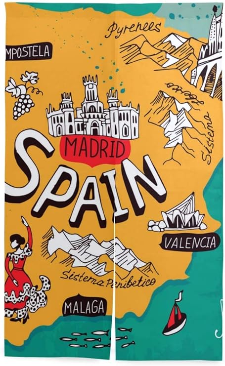 Amazon Tinzzeros のれん おしゃれ スペインのイラストマップ キュート 無地 飾っ ウォッシャブル 料理屋の おしゃれコットン 結婚祝い ロングカーテン 季節を感じ 突っ張り棒付き 幅85 丈1 のれん オンライン通販