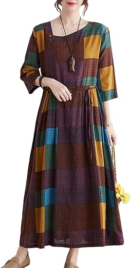 Amazon Co Jp Yyq Shop ワンピース レディース ロング 夏 マキシワンピース チェック柄 半袖 ゆったり 体型カバー 綿麻 リネンワンピース ナチュラル 森ガール 夏物ワンピース 大きいサイズ 服 ファッション小物