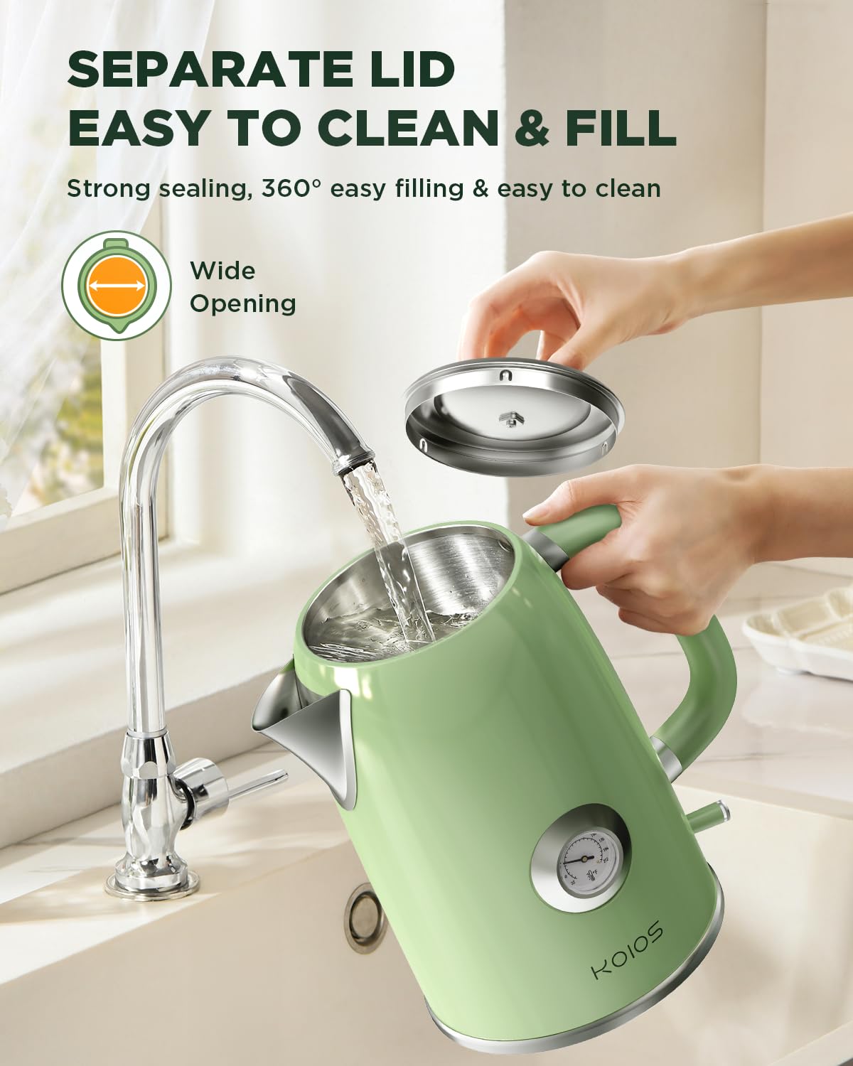 Hervidor eléctrico de 1,8 L con indicador de temperatura, hervidor de té eléctrico de ebullición rápida de 1500 W, hervidor de agua caliente estilo retro 100% de acero inoxidable eléctrico - luz LED brillante, apagado automático y protección contra ebullición en seco