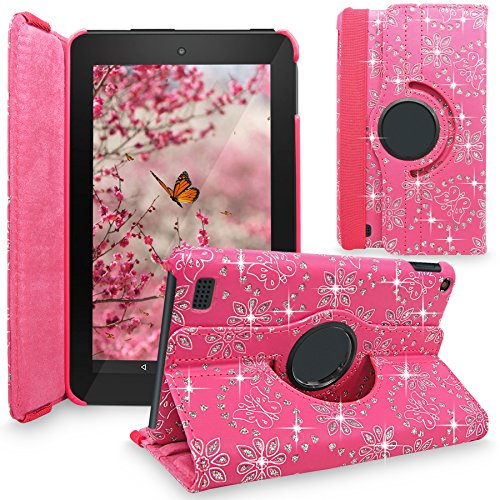 Fire 7 2015 Case, Cellularvilla [Multi-angle] Premium PU Leather 360 Degree Rotating Flip Cover Swivel Stand Protector Case for Amazon Kindle Fire 7 inch Tablet 2015 5th Generation (Pink Glitter)