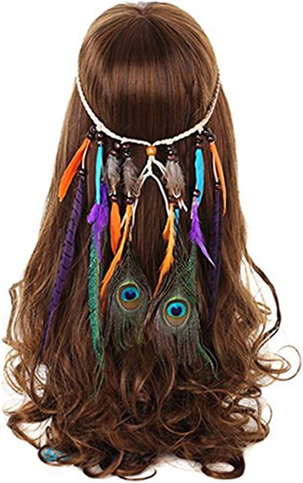 FANHOM Peacock Feather Hair Band Headress Hippie Tassel Headband Native American Headpiece Hair Ornament
