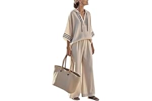 Women's 2 Piece Outfits Casual 3/4 Sleeve V-Neck Striped Hoodies and Wide Leg Pants Set Summer Linen Lounge Sets