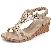 TEMOFON Women's Low Wedge Heels Summer Dressy Platform Sandals Elastic Ankle Strap Open Toe Flower Shoes
