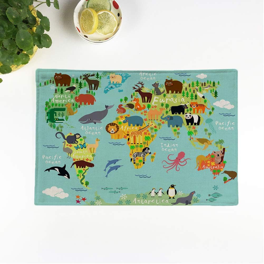 rouihot Set of 6 Placemats Cartoon Animal Map of The World for Children 12.5x17 Inch Non-Slip Washable Place Mats for Dinner Parties Decor Kitchen Table