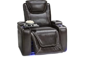Seatcraft Equinox Theater Recliner Chair with Power Lumbar Support, Hidden Storage, LED Cup Holders, LED Baselighting, USB Port, and SoundShaker Technology – Single Seat, Adjustable Recline, Brown
