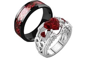 MEILORD Forever Love Heart Shaped Ring Set for Her and Him Red Celtic Dragon Ring Matching Couple Rings for Wedding Bands Anniversary Engagement Promise Rings Bridal Sets