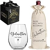 Pokolllee EST 2026 New Godmother Wine Glass First Time Godmother Gifts, Godmom to Be Pregnancy Announcement Wine Bag, Novelty Baptism Wine Glass Gift for Godmom