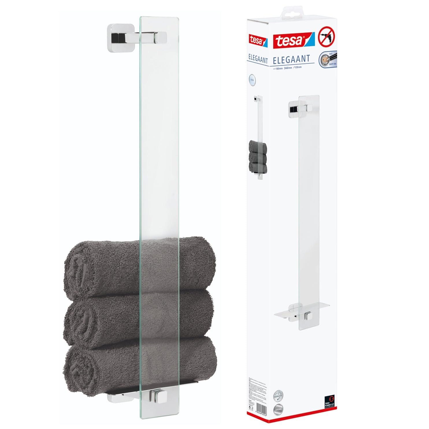 tesa ELEGAANT Guest Towel Holder - Vertical Hand Towel Holder in White Frosted-Glass Design - Wall-Mounted Towel Bar - Waterproof, incl. Power.Kit Adhesive Solution - 667 mm x 180 mm x 128 mm