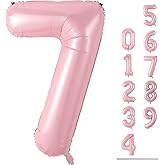 Light Pink Foil Balloon Number 7, 40'' Giant Self Inflating Number Balloons Set 0-9, Large Pastel Pink Number 7 Helium Balloon for Girls 7th Birthday Princess Party Decorations Supplies