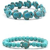 Soyzvteo 2Pcs Sea Turtles Beads Bracelet Elastic Natural Stone Stretch Bracelet Turquoise Turtle Bracelets Friendship Gifts for Women Men Girls