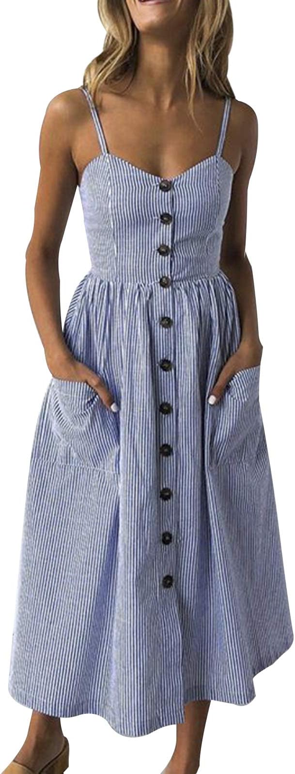 Women's Dress Summer Spaghetti Strap Sundress Casual Floral Midi Backless Button Up Swing Dresses with Pockets S-3XL