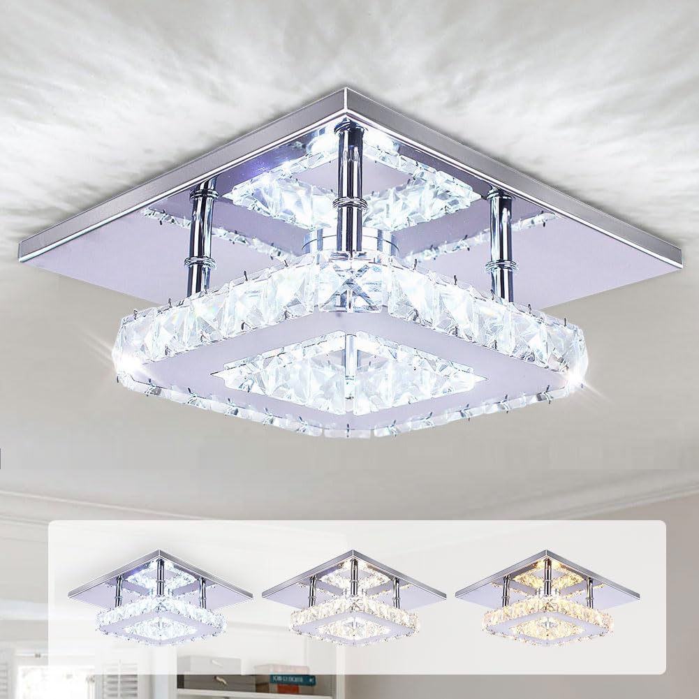 Cainjiazh Modern Mini Led Chandelier Small Crystal Chandeliers LED Ceiling Light Semi Flush Mount Light Fixture for Foyer Entryway Crystal Hallway Bedroom,7.9",3 Colors Adjustable — image 1