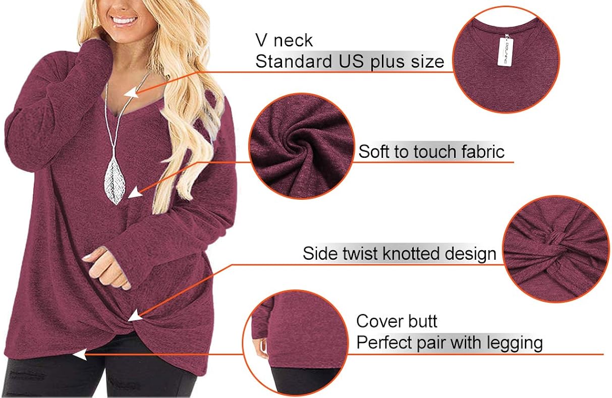 DOLNINE Womens Plus Size Knotted Tops Long Sleeve Tee Shirts Loose Casual Blouse at  Women’s Clothing store
