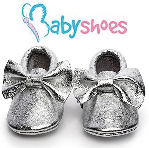 LAROK Bowknot Leather Baby Moccasins for Boy Girl Infant Toddler Pre-walker Crib Shoes,NBB02,Silver,18-24 Months