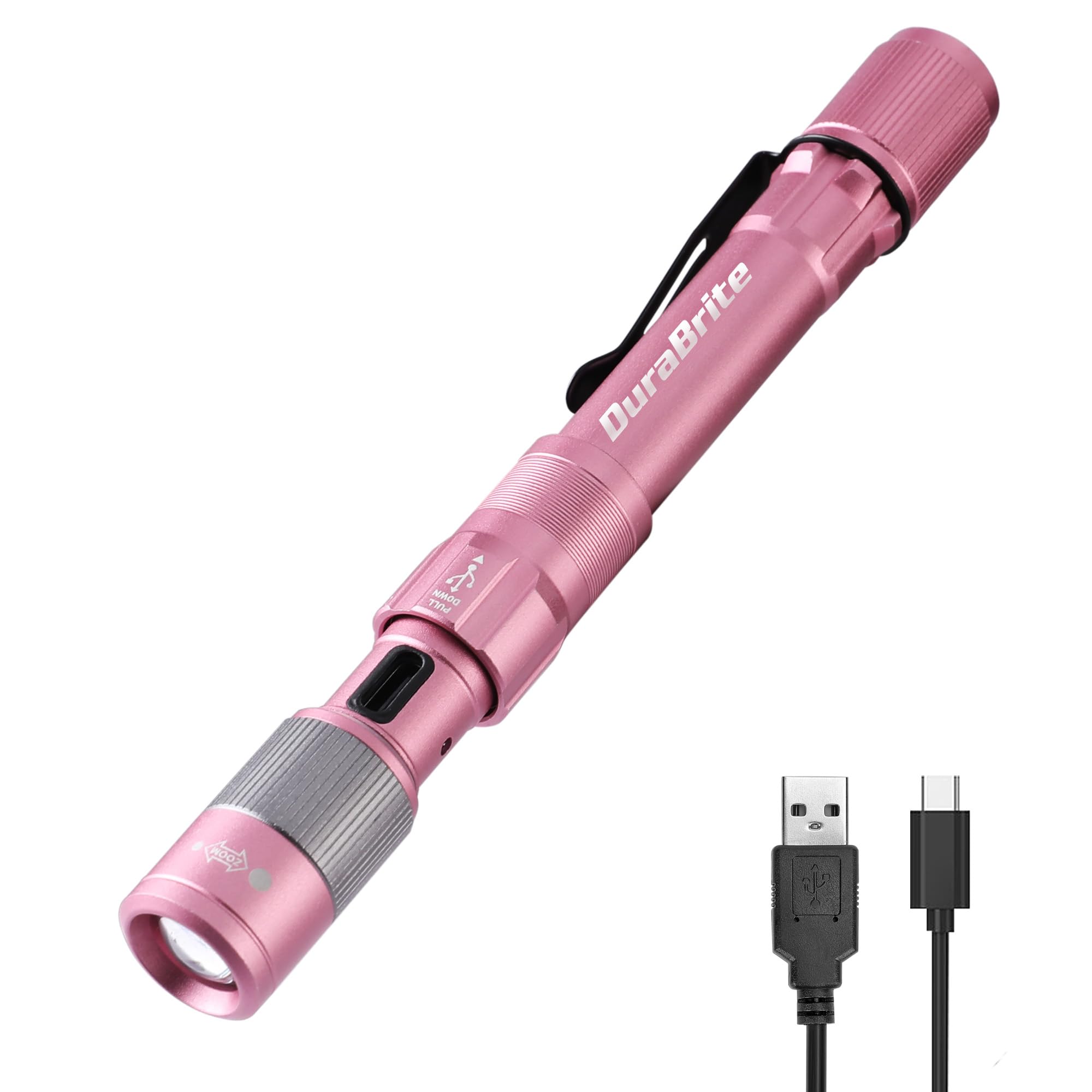 DuraBrite 懐中電灯 ハンディライト LEDライト ペンライト 300ルーメン 高輝度 4段階調光 アルミ合金製 USB充電式 軽量 アウトドア 防災 停電対策 キャンプ 散歩 点検 ピンク の商品画像