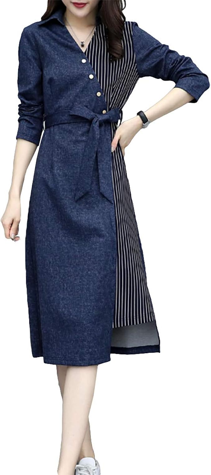 Amazon Co Jp Zuomaレディース 2色ワンピース 切り替え ファッションvネック Aライン チュニック ウエスト締める 春服 ロングドレス 着痩せデニムワンピース 服 ファッション小物