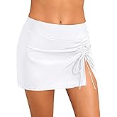 Daci White High Waisted Swim Skirt - 2025 Side Slit Drawstring Bathing Suit Skirt Tummy Control Swim Skort for Women M