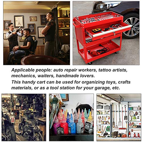 Rolling Tool Cart, 3 Trays Service Tool Cart with Lockable Drawer, Multifunctional Tool Cart, Utility Cart, Mobile Storage Cabinet, Tool Storage Organizer (red)