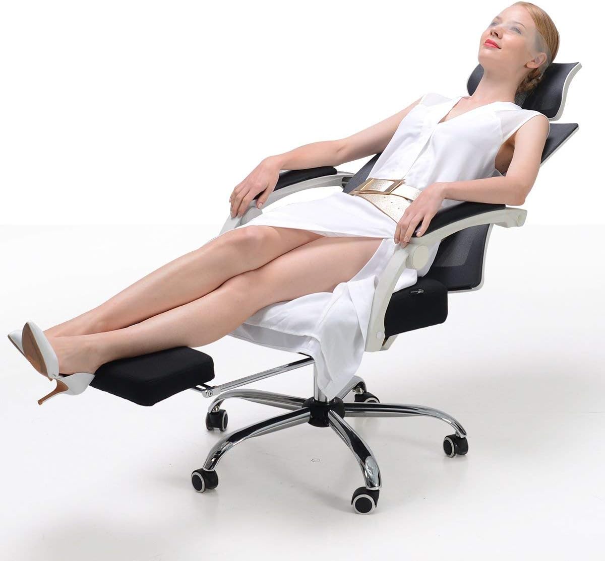 Hbada Recliner Mesh Office Computer Chair with Rotatable Headrest (Black W/Footrest)