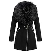 Bellivera Women Faux Leather Trench Coat Fleece-Lined Mid-length Jacket with Detachable Fur Collar
