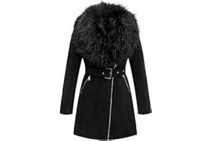 Bellivera Women Faux Leather Trench Coat Fleece-Lined Mid-length Jacket with Detachable Fur Collar