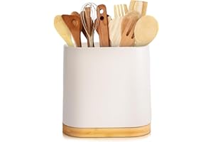 VIREESR Large Ceramic Utensil Holder for Countertop,Kitchen Utensil Holder with Bamboo Wooden Base,Cooking Utensil Holder,Easy to Clean,Tool Crock,Kitchen Tool Holder for Spatulas and Spoons(White)
