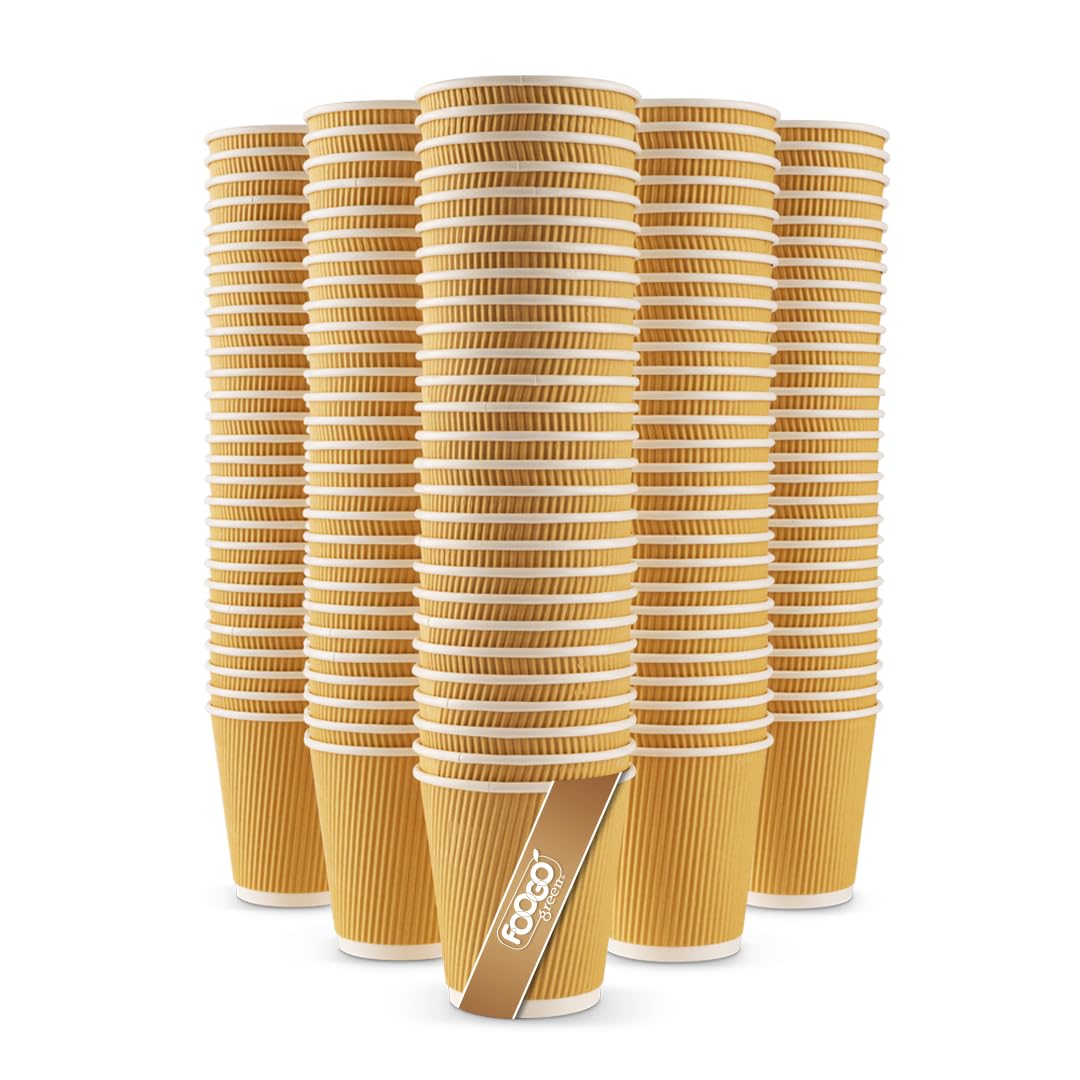 FOOGO Green 50pcs 10oz Disposable Strong Triple-Wall Brown Paper Coffee Cups, FSC® Certified, Fully Compostable, for Hot Drinks, Heat-Resistant Ripple Design, Takeaway Coffee Cups, Party