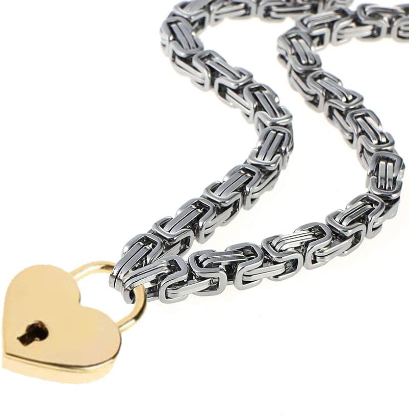 LEWECEEOHeart Padlock Collar Stainless Steel Lock Necklace Byzantine Chain Necklace Locking Collar Choker for Men Women Jewelry