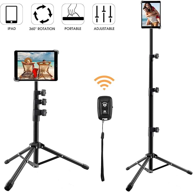 iPad Stand Tripod Holder, Foldable Floor Bluetooth Control Mount Tablet Stand, 360
