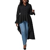 Umenlele Women’s Button Down Long Sleeve Asymmetric Ruffle High Low Hem Blouse Shirt Top