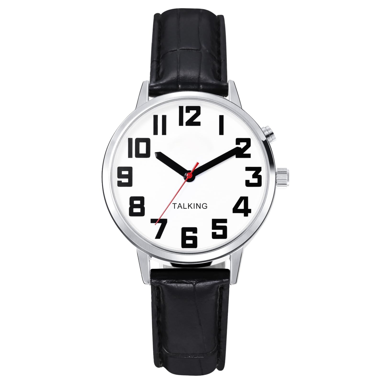 ViLoSa English Talking Watch Speaks The Time, Date or Alarm time for Elderly, Impaired Sight or Blind. White Face-Black Numbers with Stainless Expand Strap