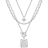 MJartoria Layered Necklaces for Women Trendy, 14K Gold Plated Brass Simple Star Choker Square Birth Flower Necklace, Paperclip Chain Necklaces Jewelry Gifts