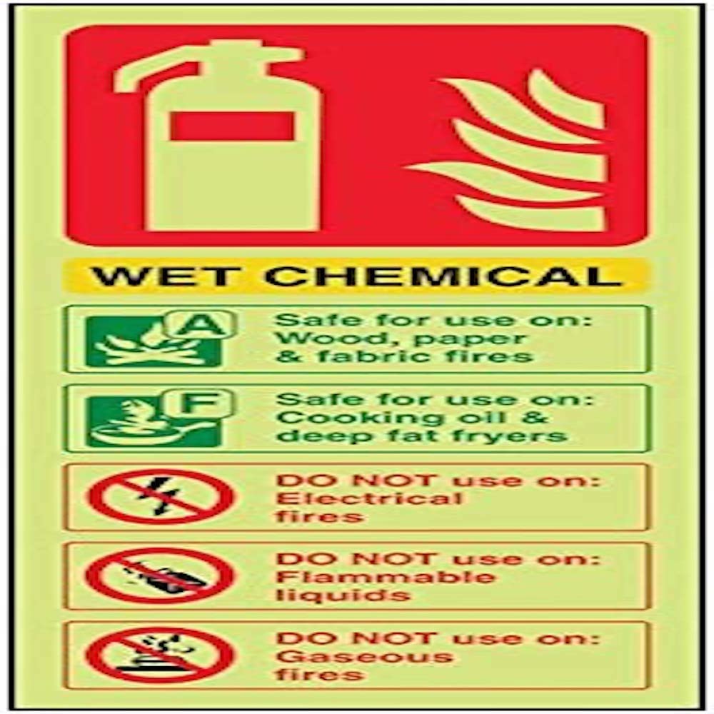 V Safety 11006AJ-G Glow In The Dark Wet Chemical Id Fire Extinguisher Sign - 100mm x 280mm - Rigid Plastic, Black/Green/Red/Yellow — image 1
