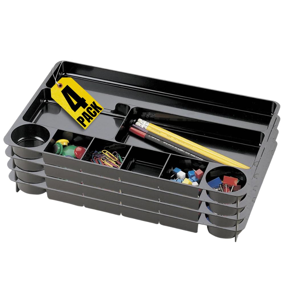 Photo 1 of ***4 TRAY *****1InTheOffice Plastic Desk Drawer Organizer Tray, Desk Drawer Tray, Drawer Organizer, 9 Compartment, Black, 4 Pack
