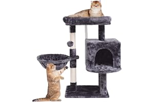 SYANDLVY 29.53" Cat Tree for Indoor Cats, Activity Cat Tower with Scratching Post, Condo for Kittens, Climbing Stand with Basket & Hanging Ball for Play Rest (Smoky Grey)