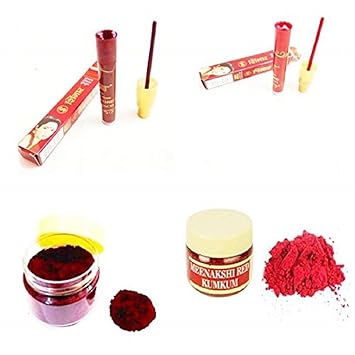 NAACHAS SRI MADURAI MEENAKSHI AMMAN TURMERIC THAZHAMPOO KUMKUM WITH LIQUID SINDHOOR - Combo of MAROON & RED