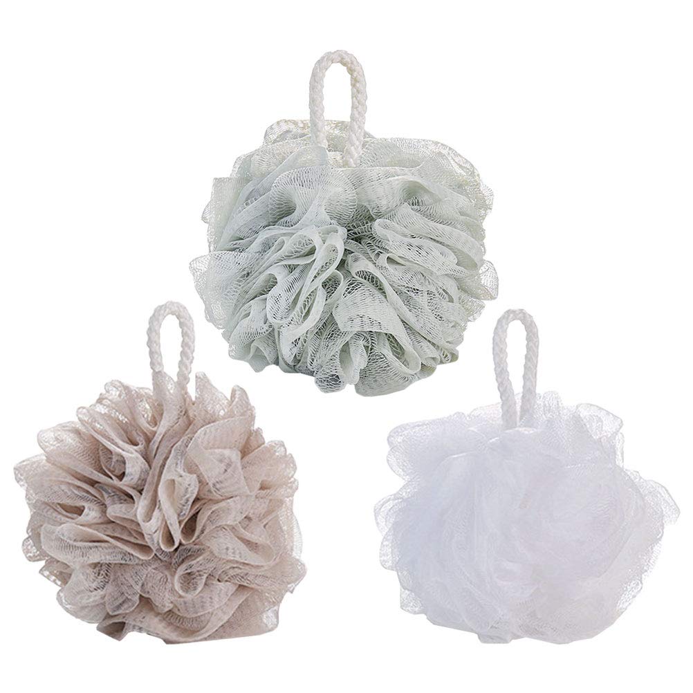 Frcolor Pack of 4 Large Shower Sponge Bath Loofah Mesh Pouf Body Exfoliating (White + Green + Grey + Khaki)