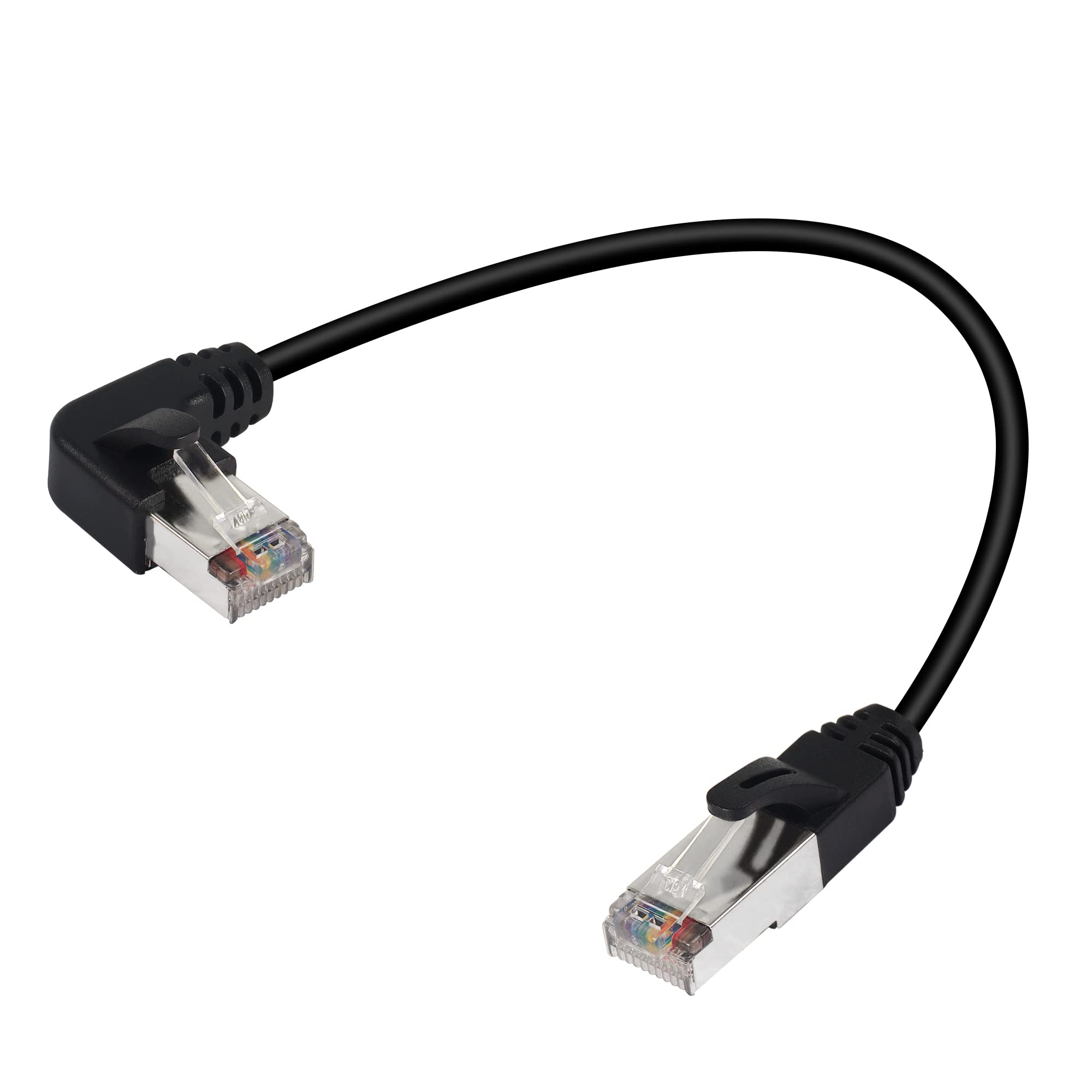 QIANRENON 90° Angle RJ50 10P10C Ethernet Cable,10P 10C Male to Right Angle Male Communication Cable,Cat5E,with Shield,Microphone Connections for Data and Mobile Radios,30cm/11.8in (Bend left)