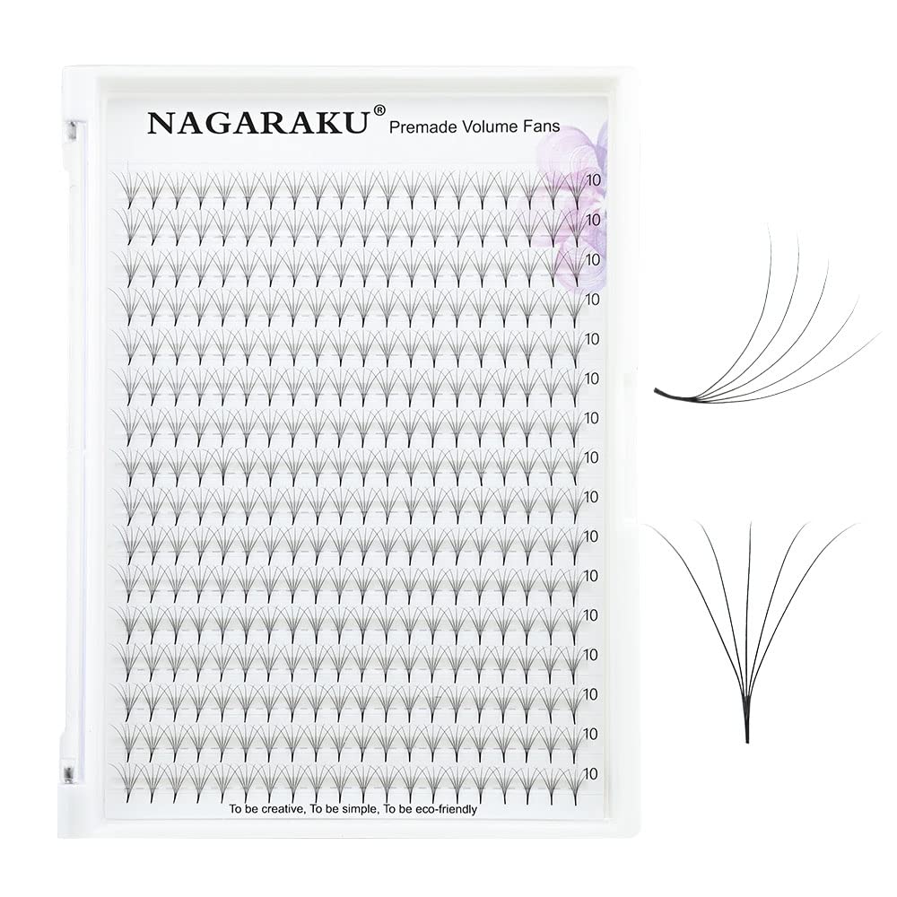 NAGARAKU Eyelash Extensions 320 Clusters Premade Fans Russian Volume Long Stem Premade Fans Thin Pointy Base Natural Pre Fanned Fluffy False Eyelash Black 16 Rows (5D 0.07 D Curl 10mm)