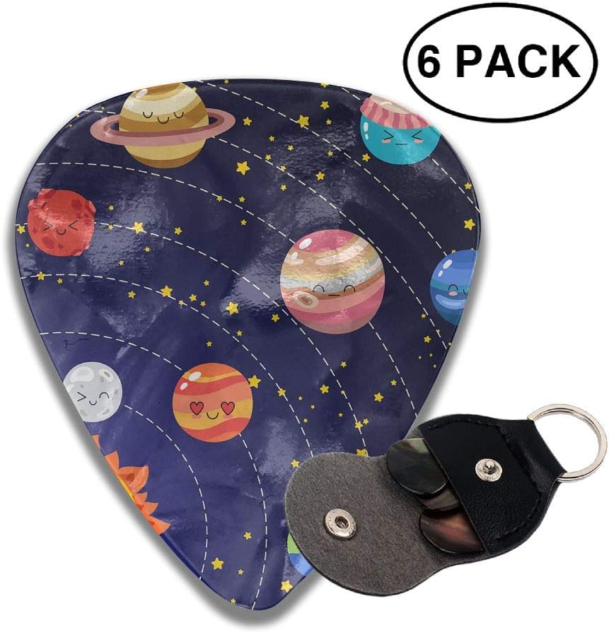 MOANDJI Set of Doodle Cartoon Icons Planets Stylish Colorful Celluloid Guitar Picks Plectrums Guitar Accessories for Guitar Bass with Pick Holder