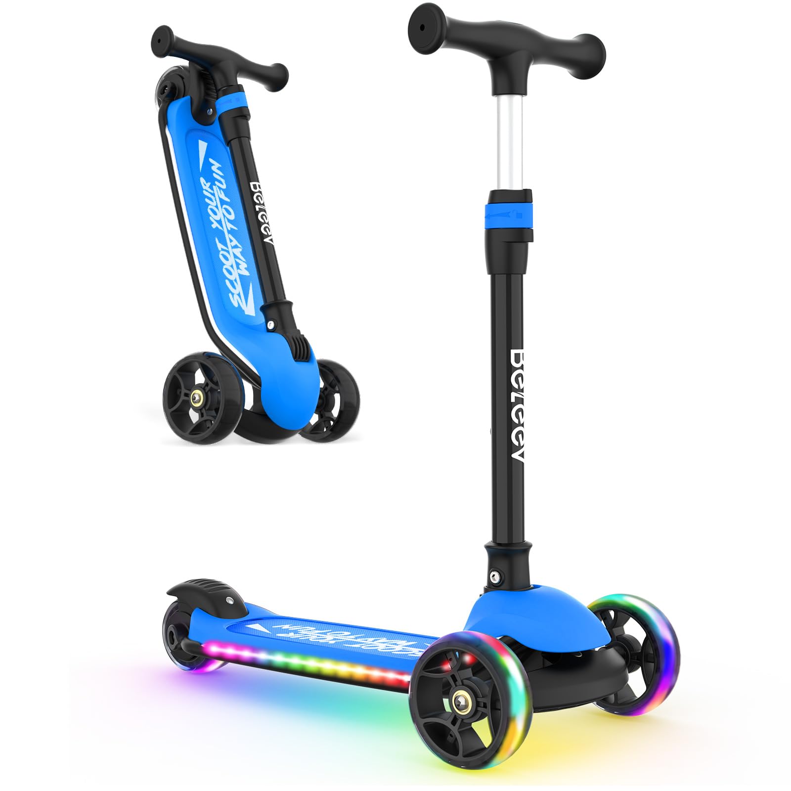 BELEEV Kids Scooter with Light-Up Wheels & Deck, 3-Wheel Folding Scooter for Toddlers Girls Boys, 4 Adjustable Heights, Non-Slip Deck, Lightweight, Ages 3-12 (Blue)