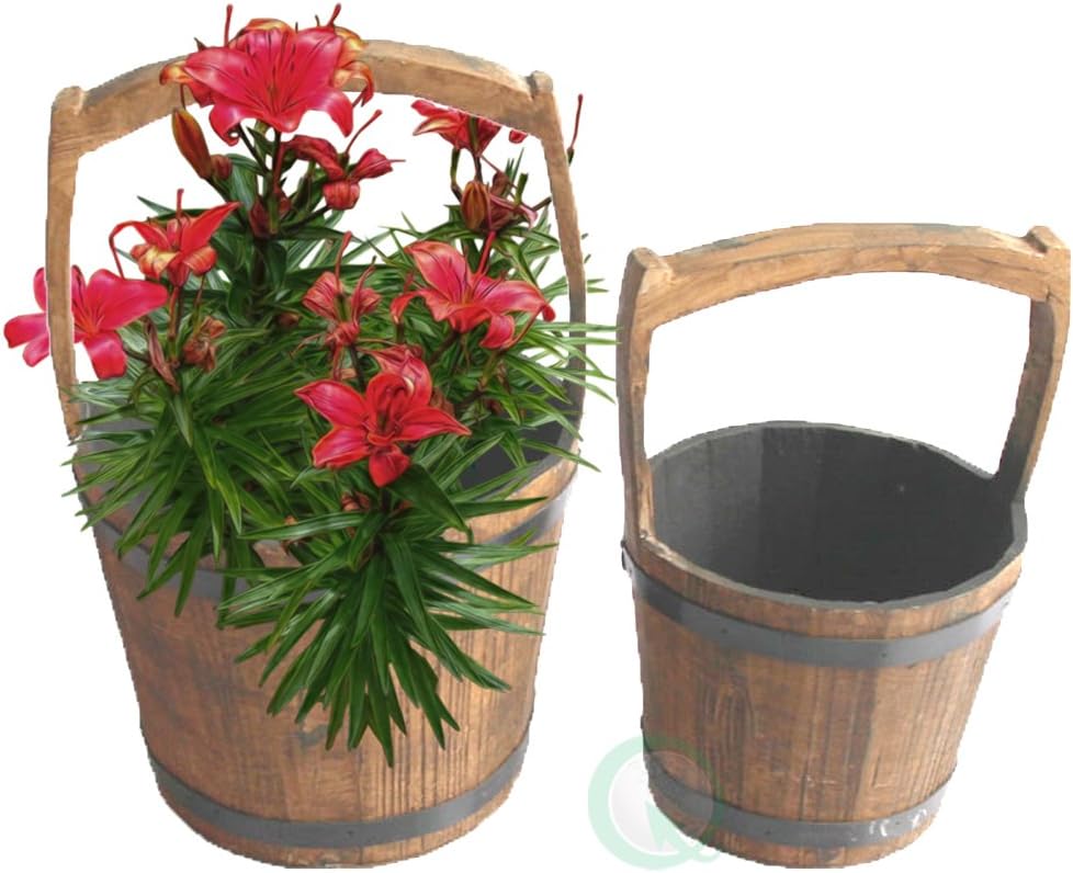 Gardenised QI003127.2 Wooden Bucket Pail Planters Vintage Style Set of 2, Antique Brown