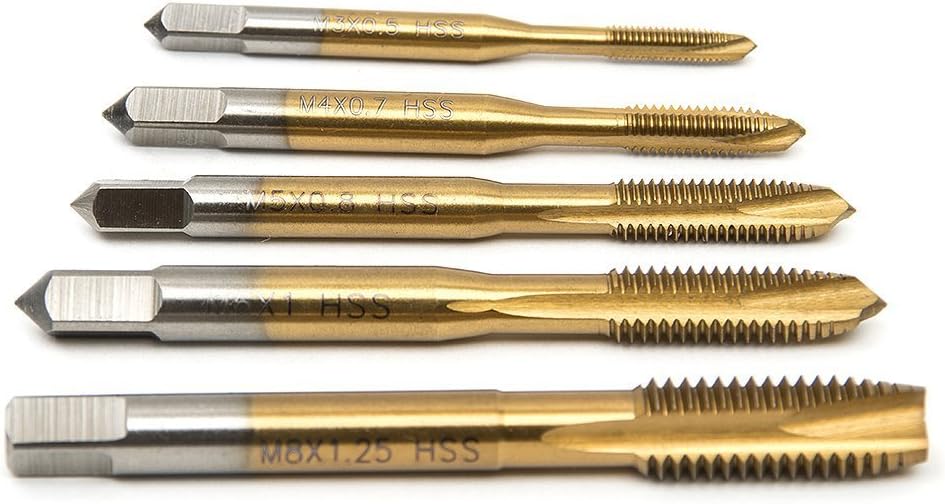 Malayas Tap & Die Set, Malayas 5pcs Titanium Coated HSS M3 M4 M5 M6 M8 Right Hand Tap Machine Spiral Point Straight Fluted Screw Thread Plug Tap & Bottoming Tap - Image 3