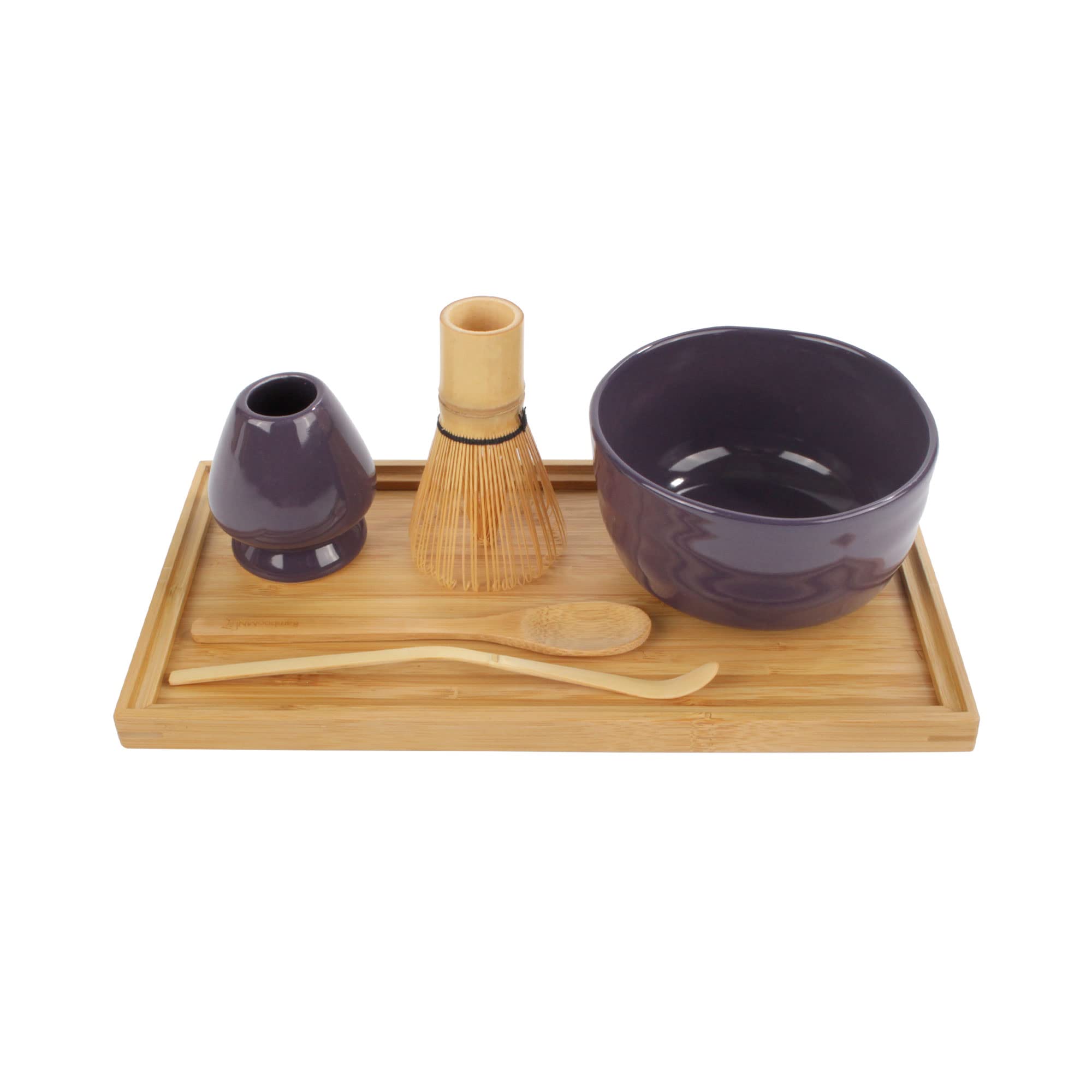 BambooMN Brand - Matcha Bowl Set (Includes Bowl, Rest,Tea Whisk, Chasaku, Tea Spoon & Tray) 1 Set Purple